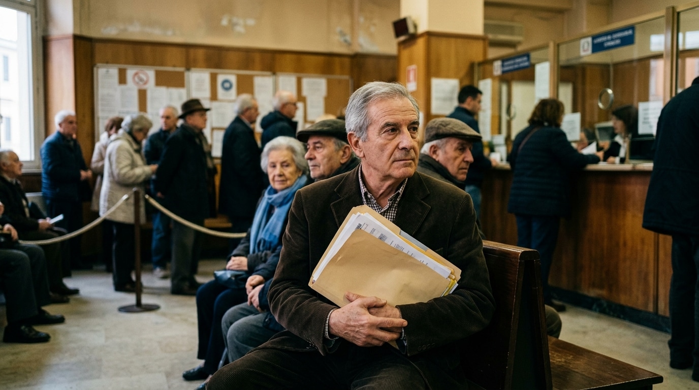 Senior dans une salle d'attente de consulat avec dossier