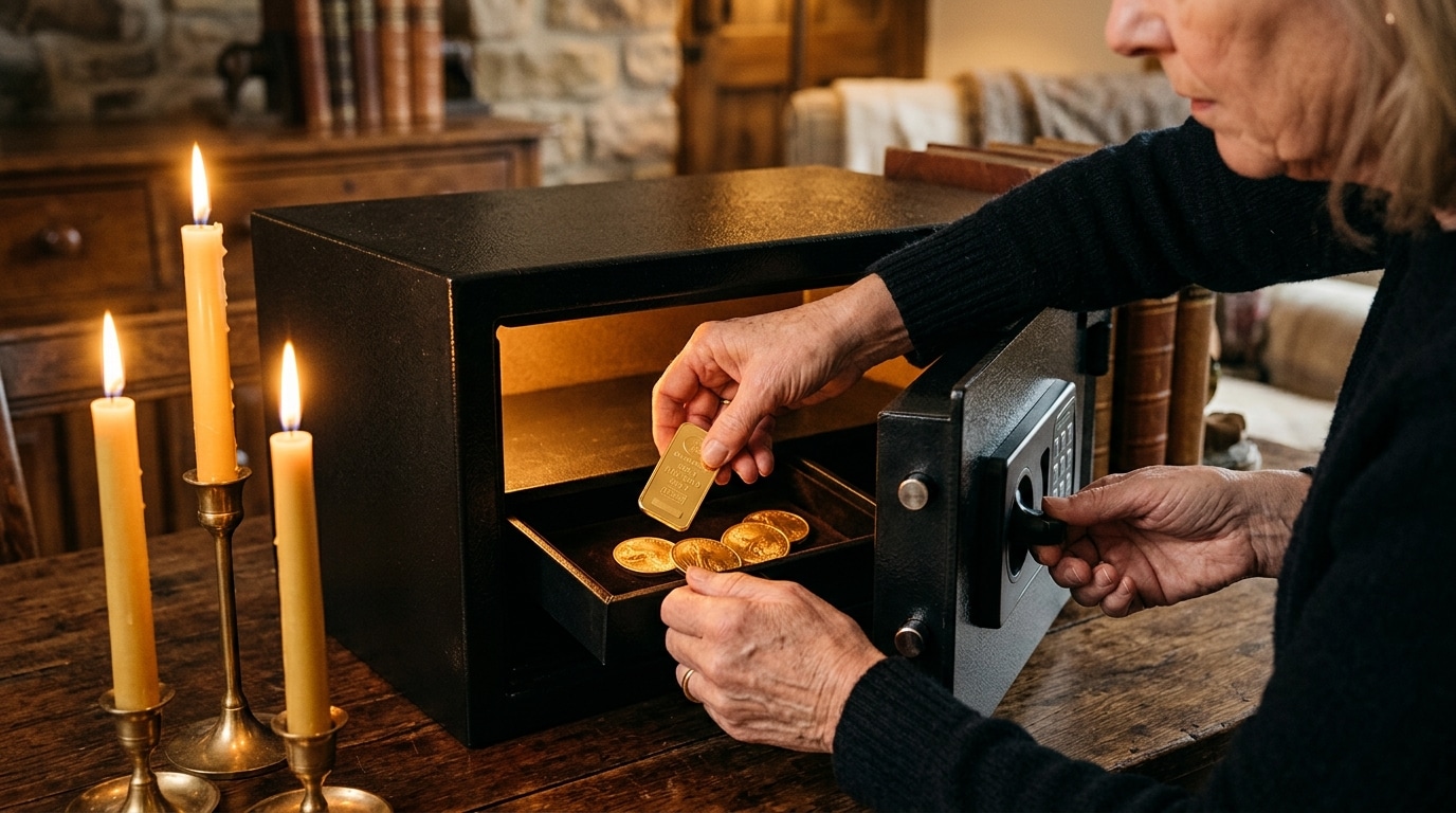 Mains plaçant des pièces d'or dans un coffre-fort