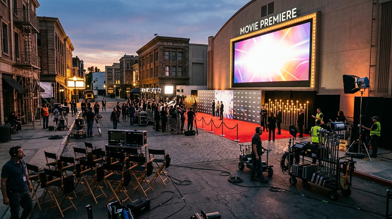 Backlot de studio de cinéma illuminé au crépuscule