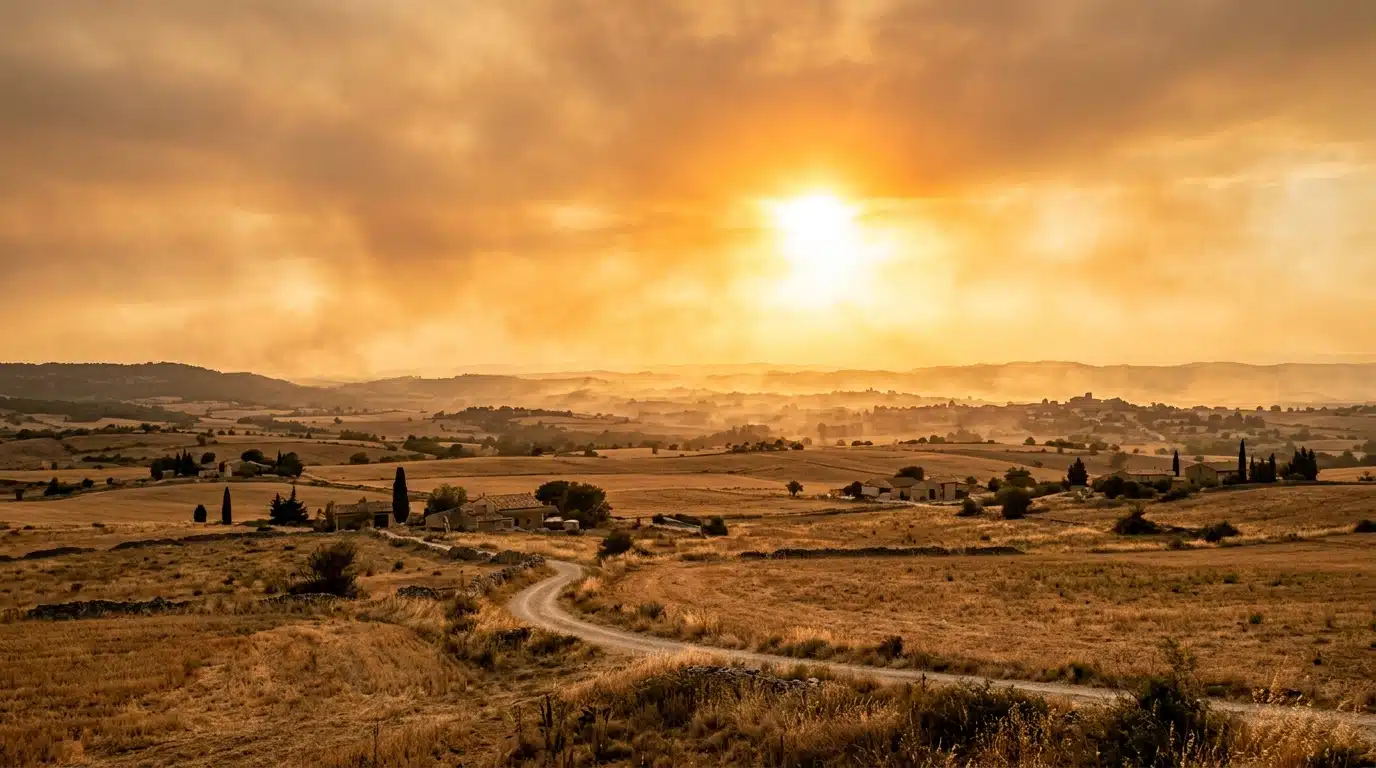 Ciel brumeux et chaleur intense sur paysage rural français