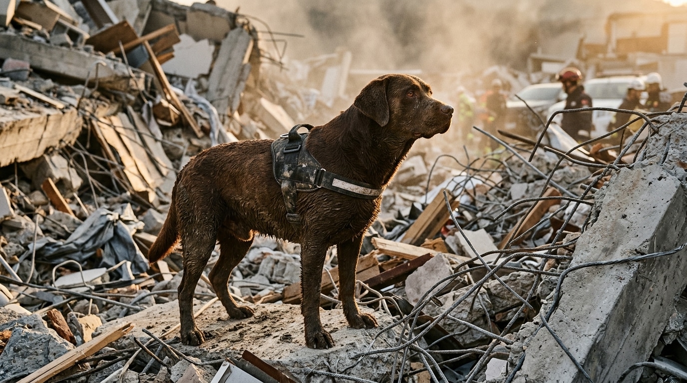 Chien de sauvetage harnaché parmi les décombres effondrés