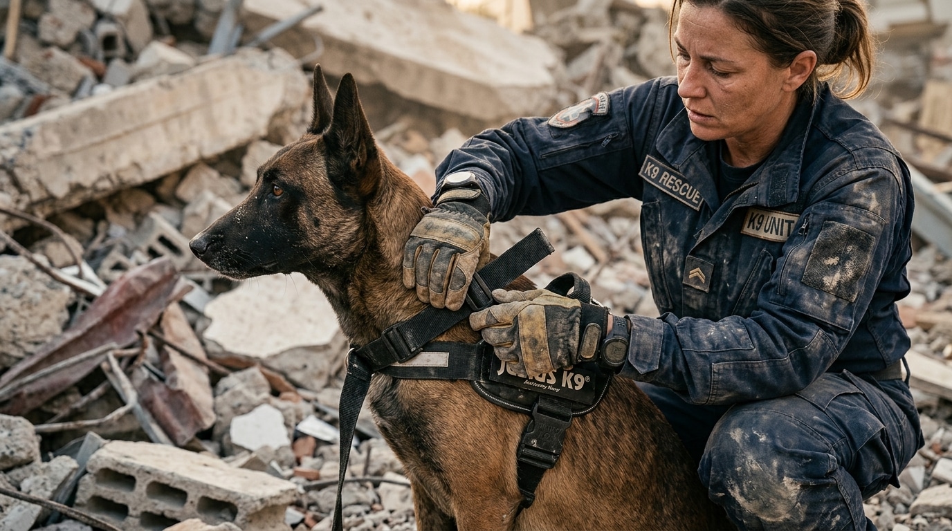 Mains d'un maître-chien ajustant le harnais près des ruines
