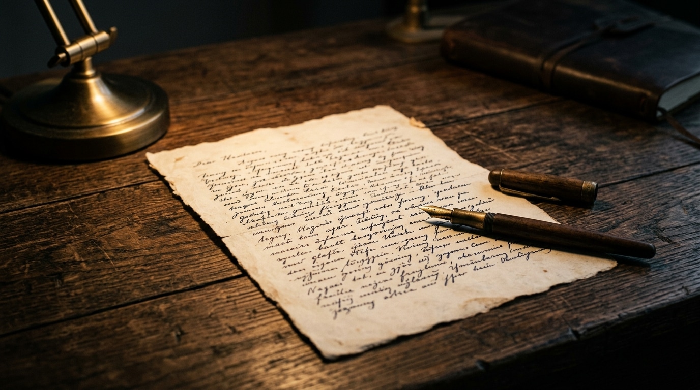 Lettre manuscrite éclairée sur un bureau en bois