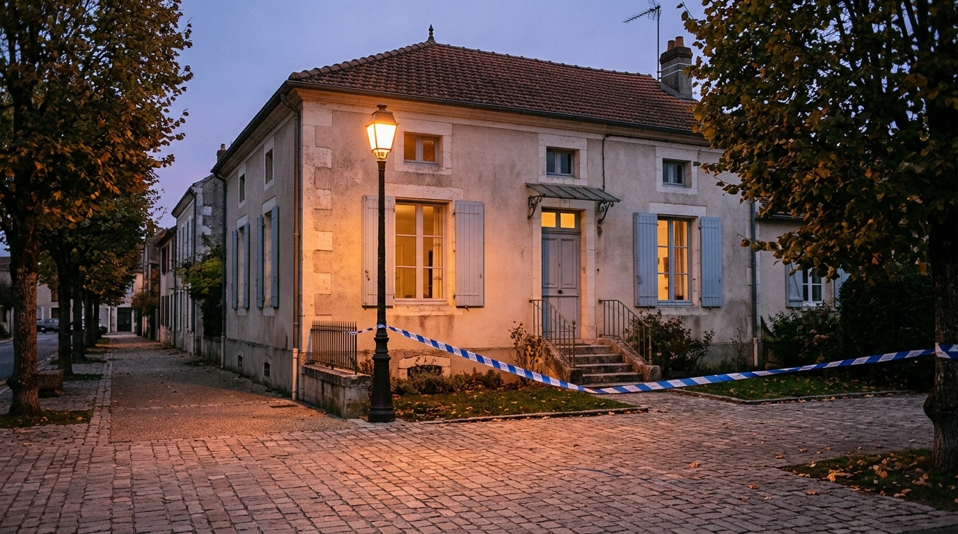 Maison de province au crépuscule avec ruban de police