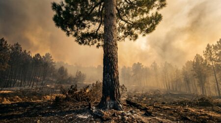 Pin maritime encore vert après le passage des flammes