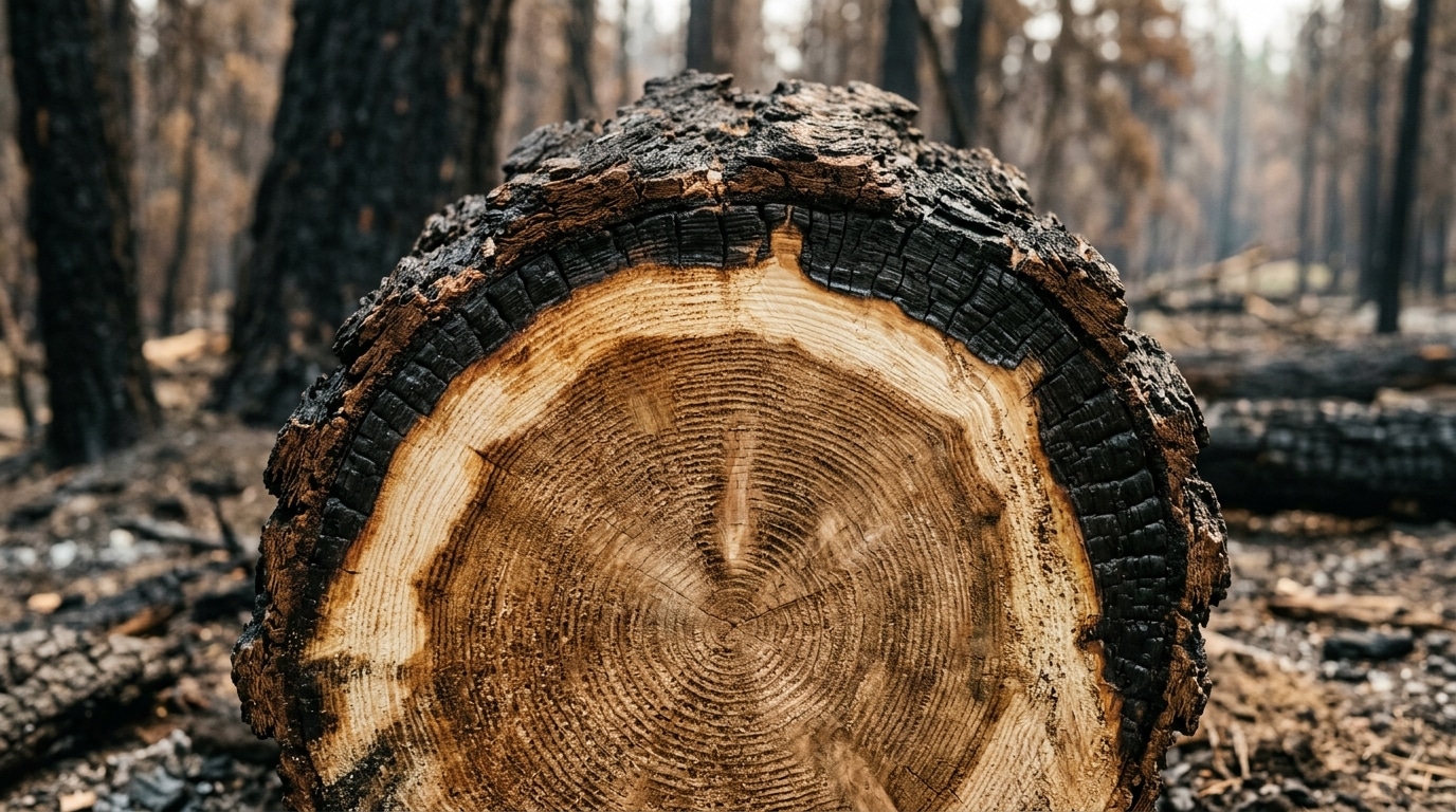 Gros plan sur l'écorce carbonisée d'un tronc de pin