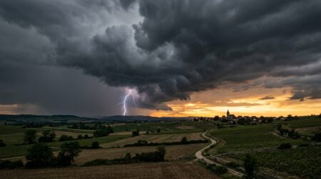 Ciel orageux sombre au-dessus de la campagne française