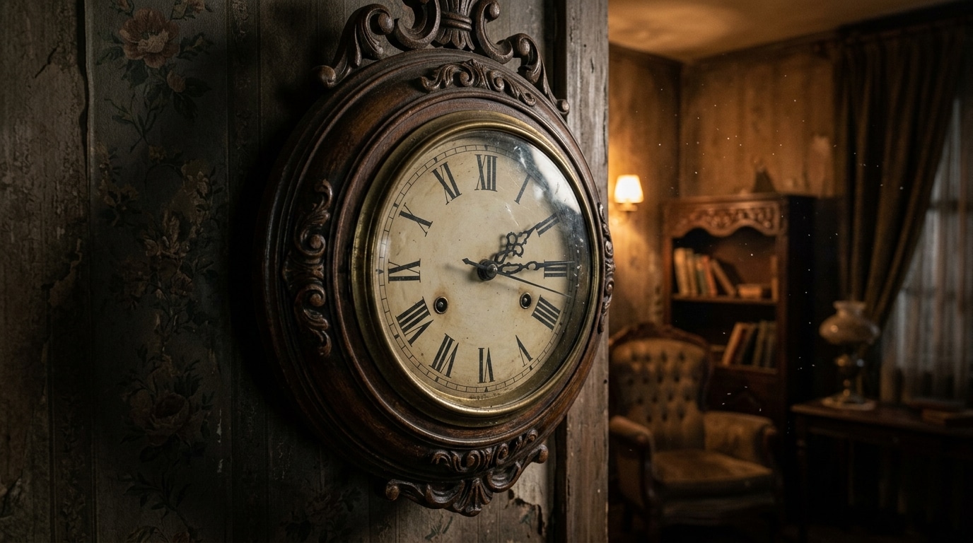 Horloge ancienne affichant deux heures vingt-deux dans une ambiance mystérieuse