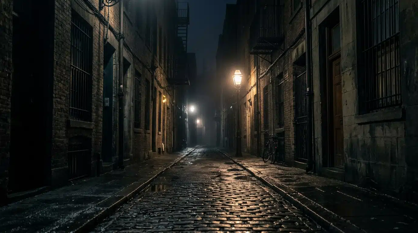 Ruelle urbaine sombre et brumeuse de nuit, ambiance thriller espionnage