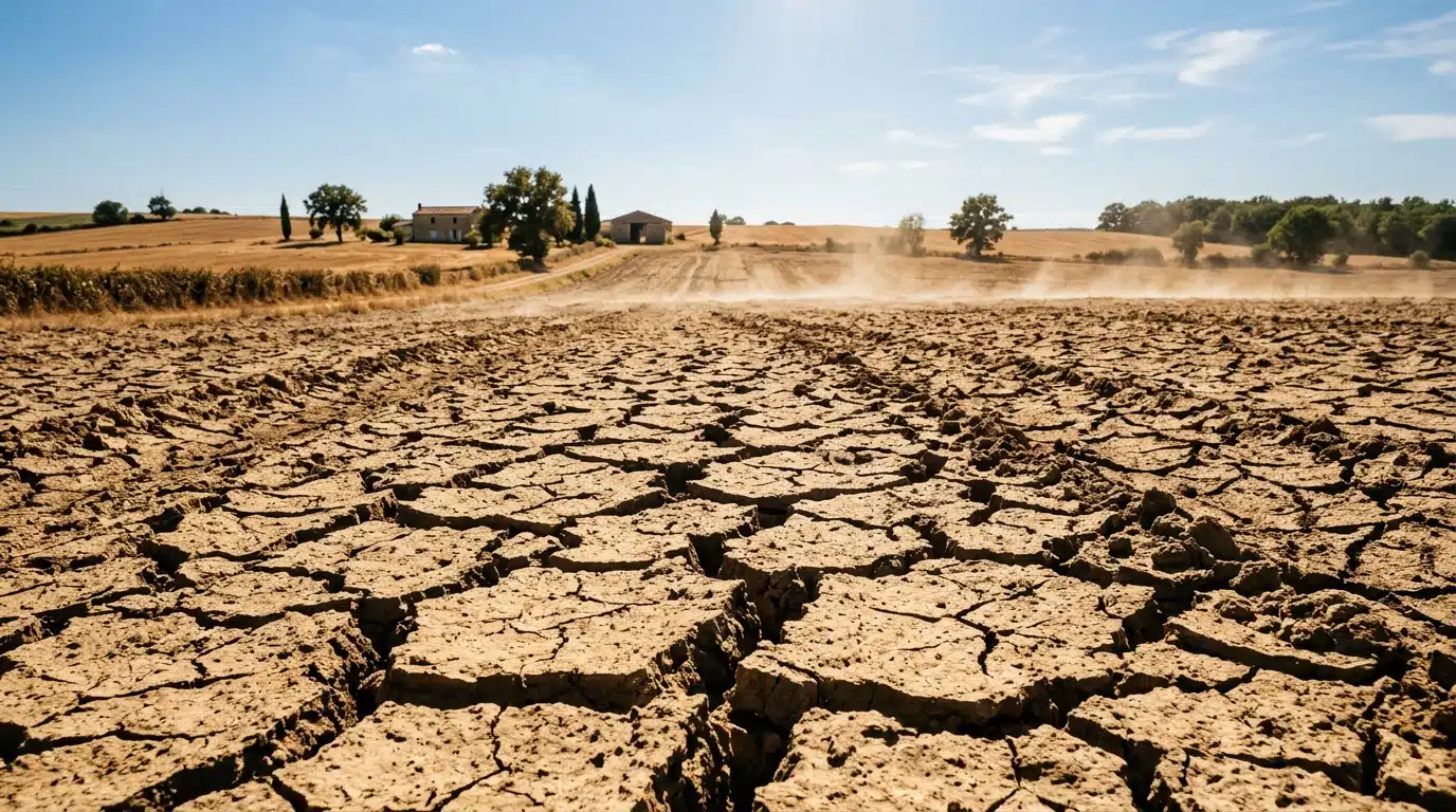 Sol de terre craquelée sous un soleil intense