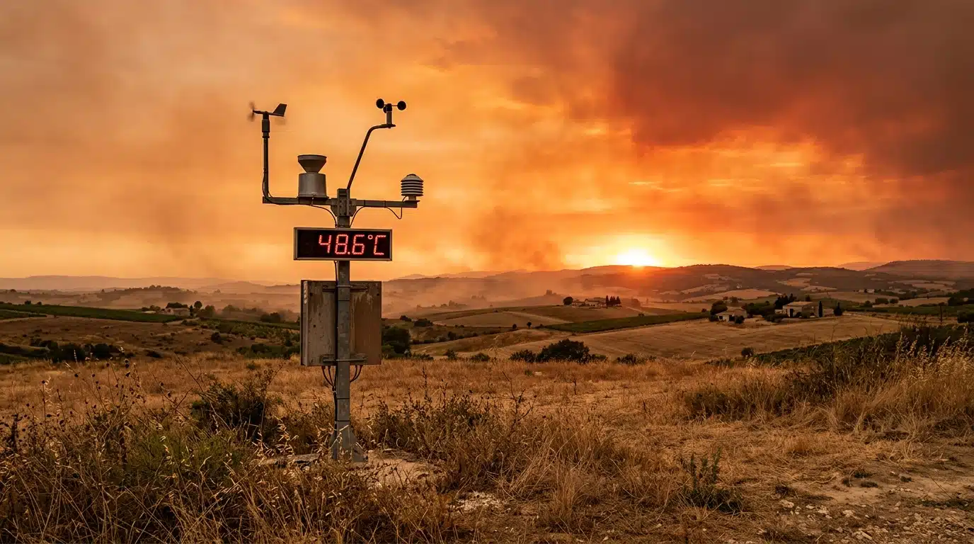 Thermomètre affichant une chaleur extrême au coucher du soleil