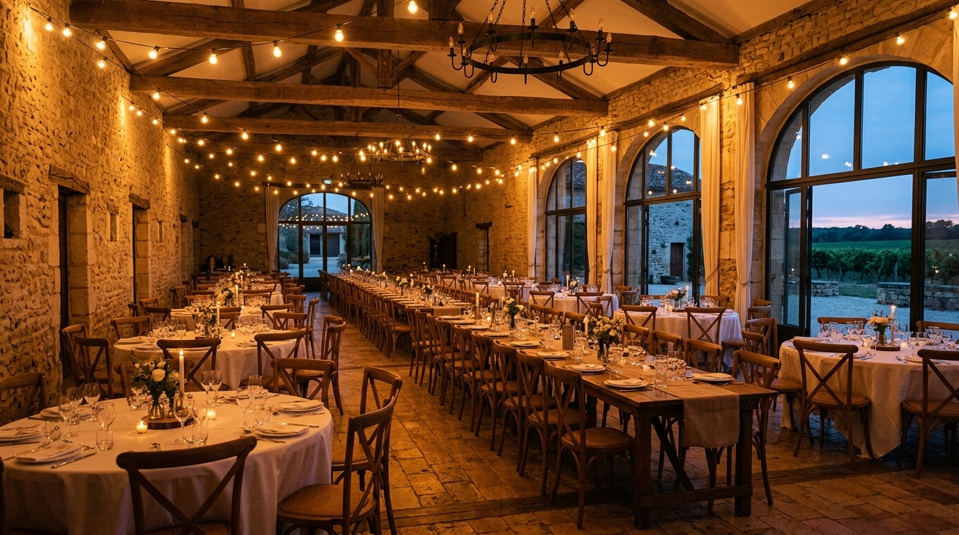 Salle de réception de mariage vide au crépuscule