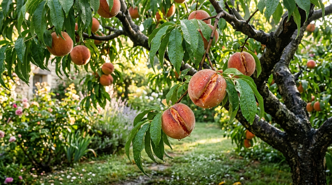 Pêches fendues sur une branche après une forte pluie