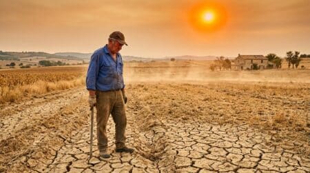 Sol asséché par la canicule sous un soleil orange
