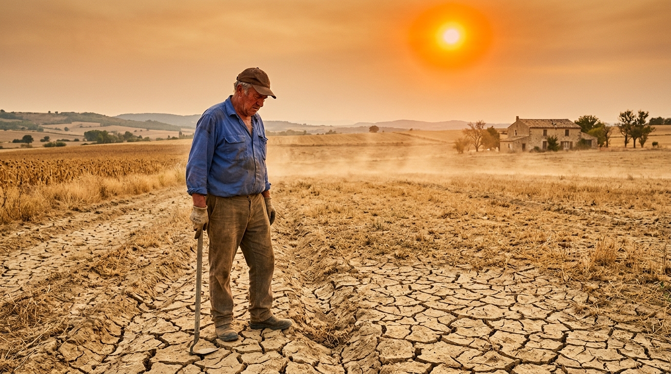 Sol asséché par la canicule sous un soleil orange