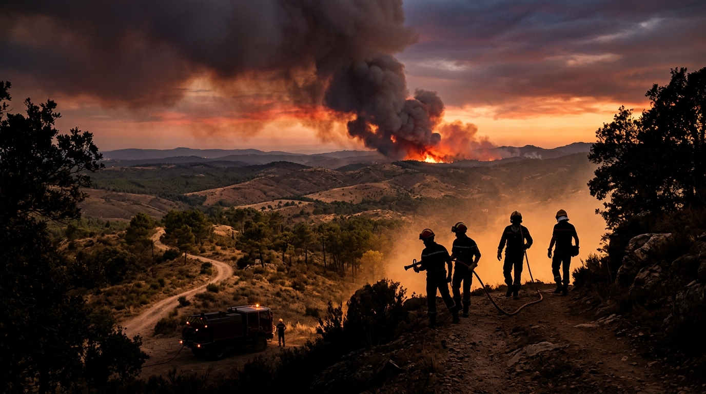 Fumée d'incendie de forêt au coucher du soleil