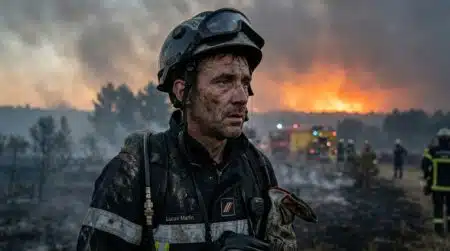 Pompier épuisé face à un incendie au lever du jour