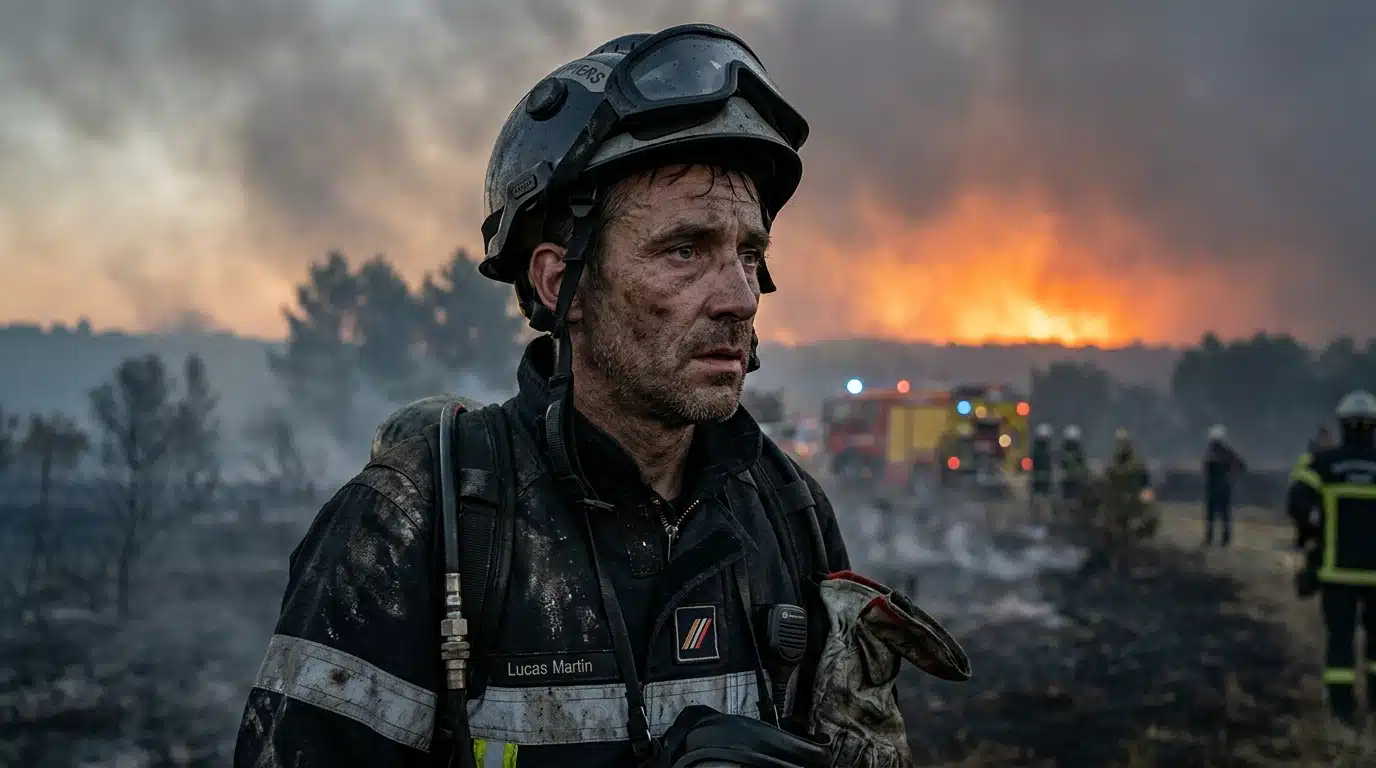 Pompier épuisé face à un incendie au lever du jour
