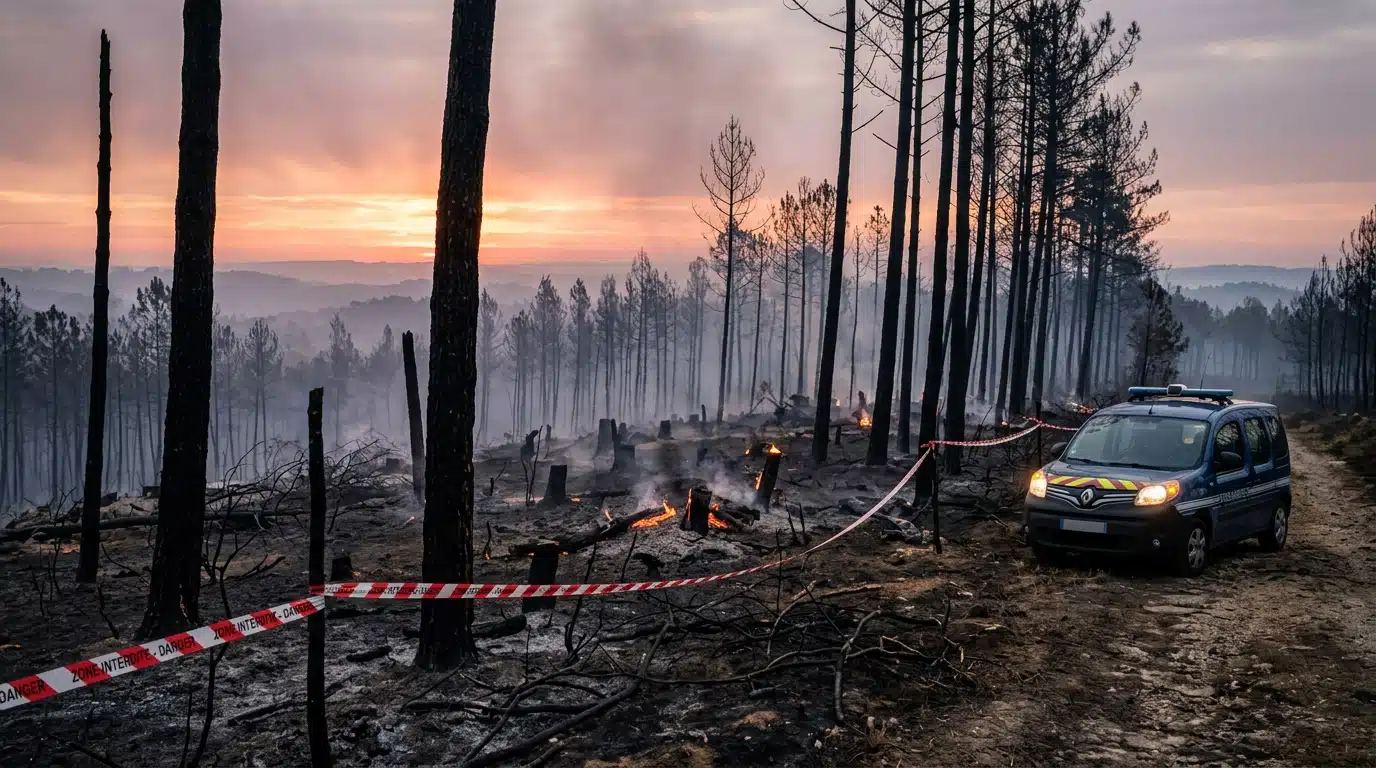 Forêt calcinée et zone évacuée en Gironde
