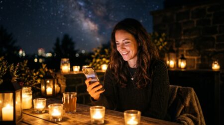 Femme souriante consultant son horoscope financier le soir