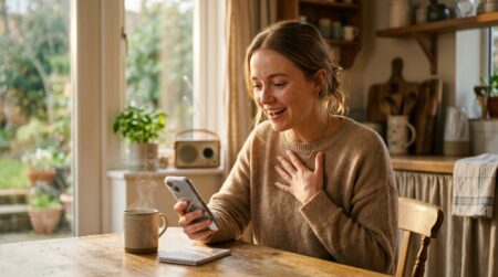 Femme souriante tenant son téléphone avec surprise joyeuse