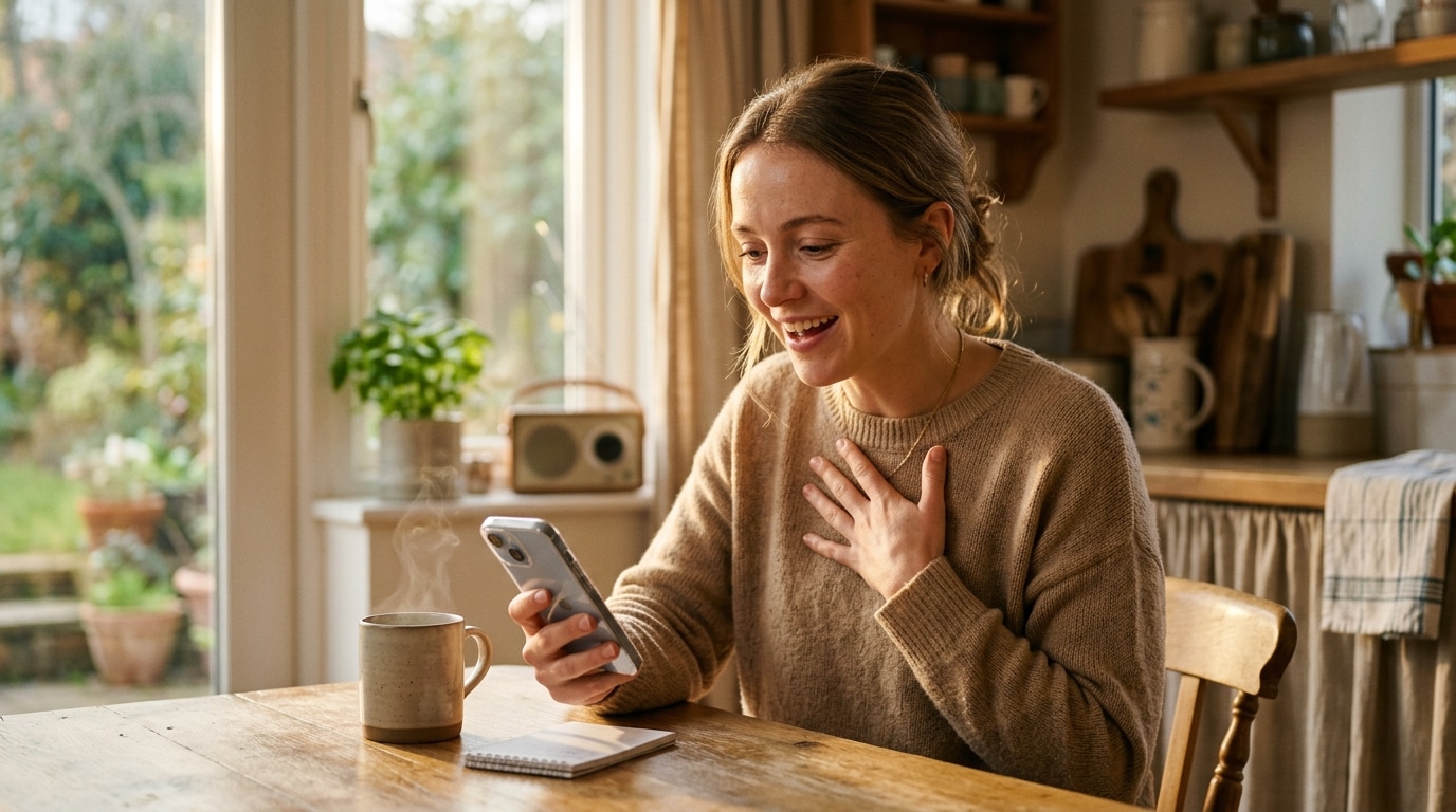 Femme souriante tenant son téléphone avec surprise joyeuse