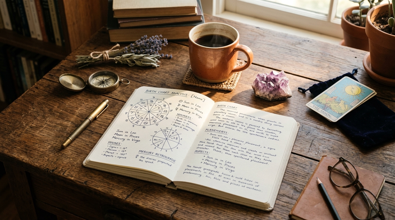 Bureau en bois avec carnet, cristal et tasse de café