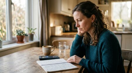 Femme réfléchissant à ses finances avec calculatrice et carnet