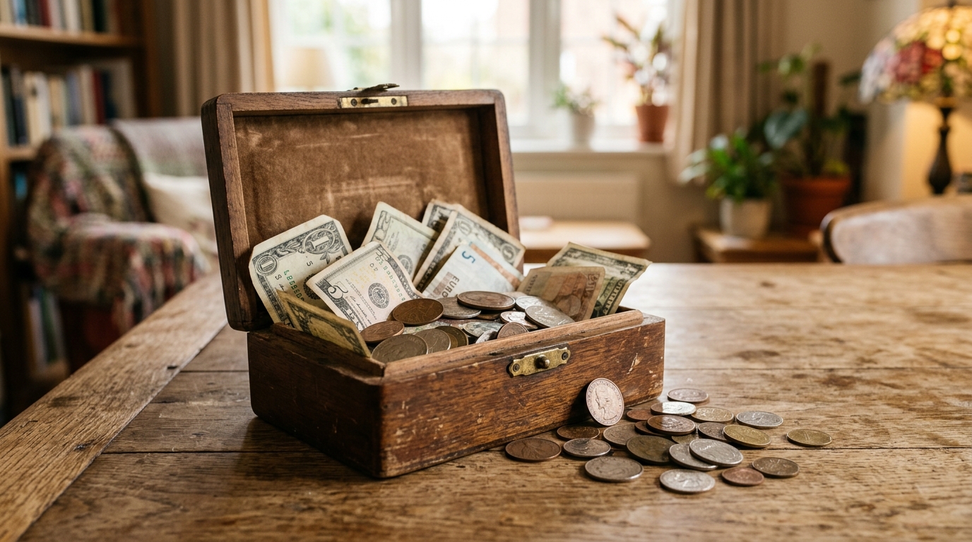 Boîte en bois avec billets et pièces sur une table