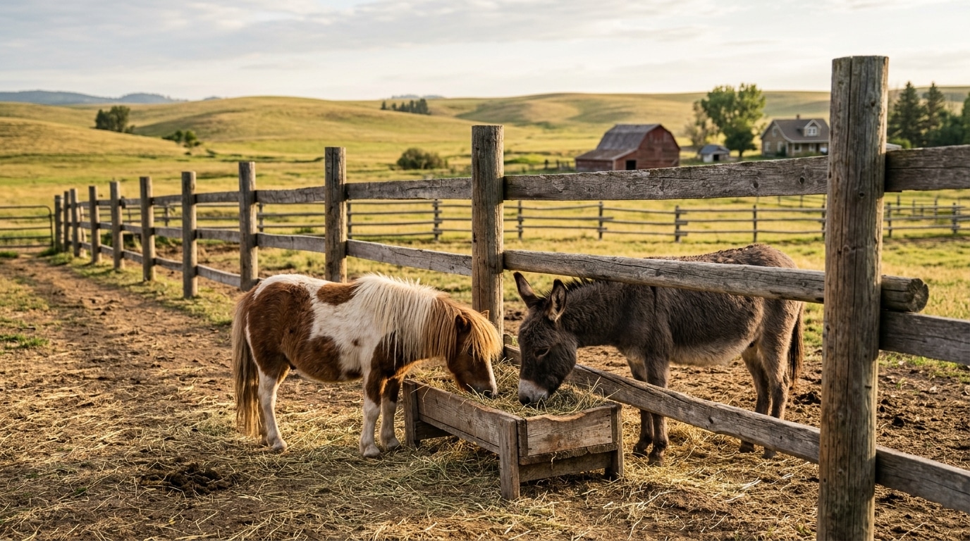 Ranch rustique avec mangeoire pour âne et poney au lever du jour