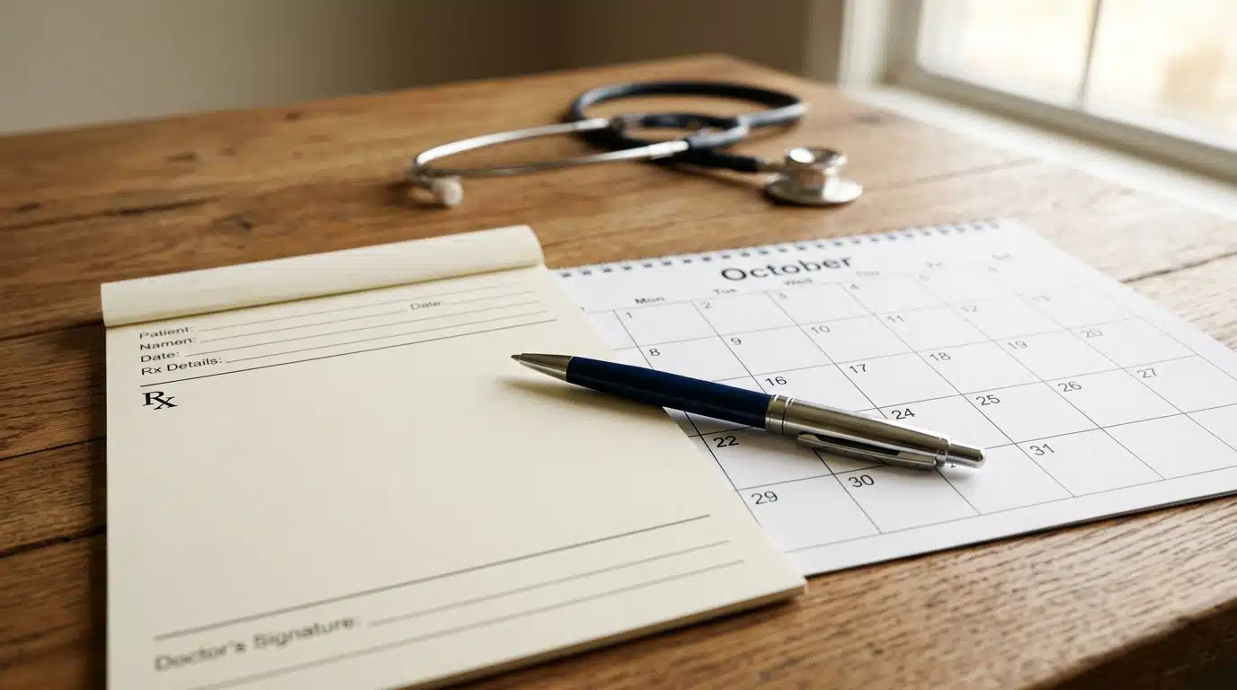 Ordonnance médicale et calendrier sur bureau de médecin