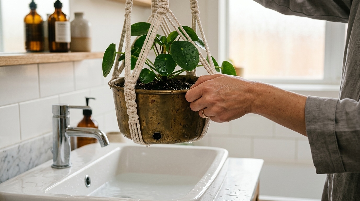 Cache-pot suspendu en métal avec drainage dans une salle de bain