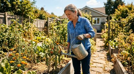 Femme arrosant des plantes fatiguées en pleine canicule