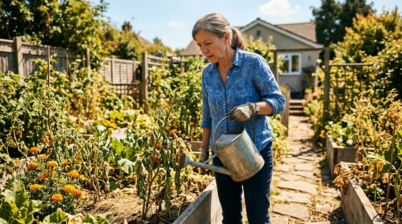 Femme arrosant des plantes fatiguées en pleine canicule
