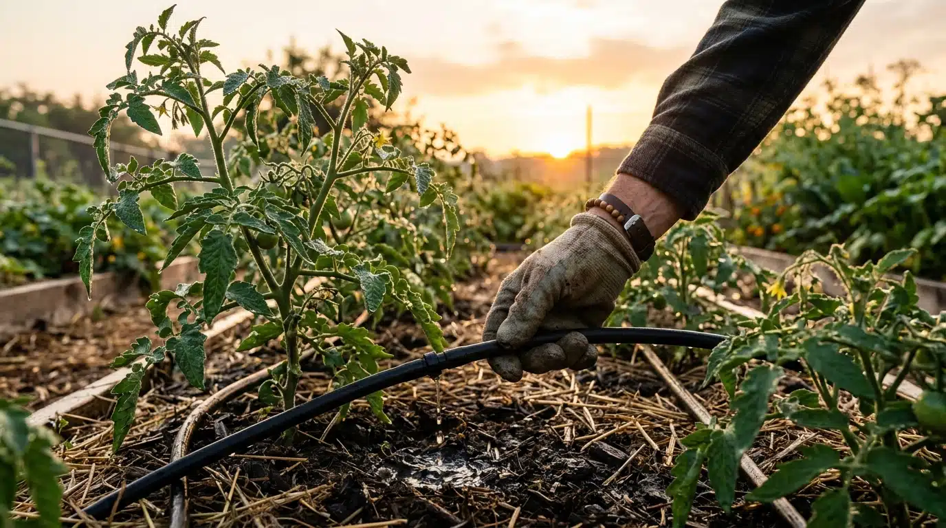 Arrosage au goutte-à-goutte de plants de tomates au matin
