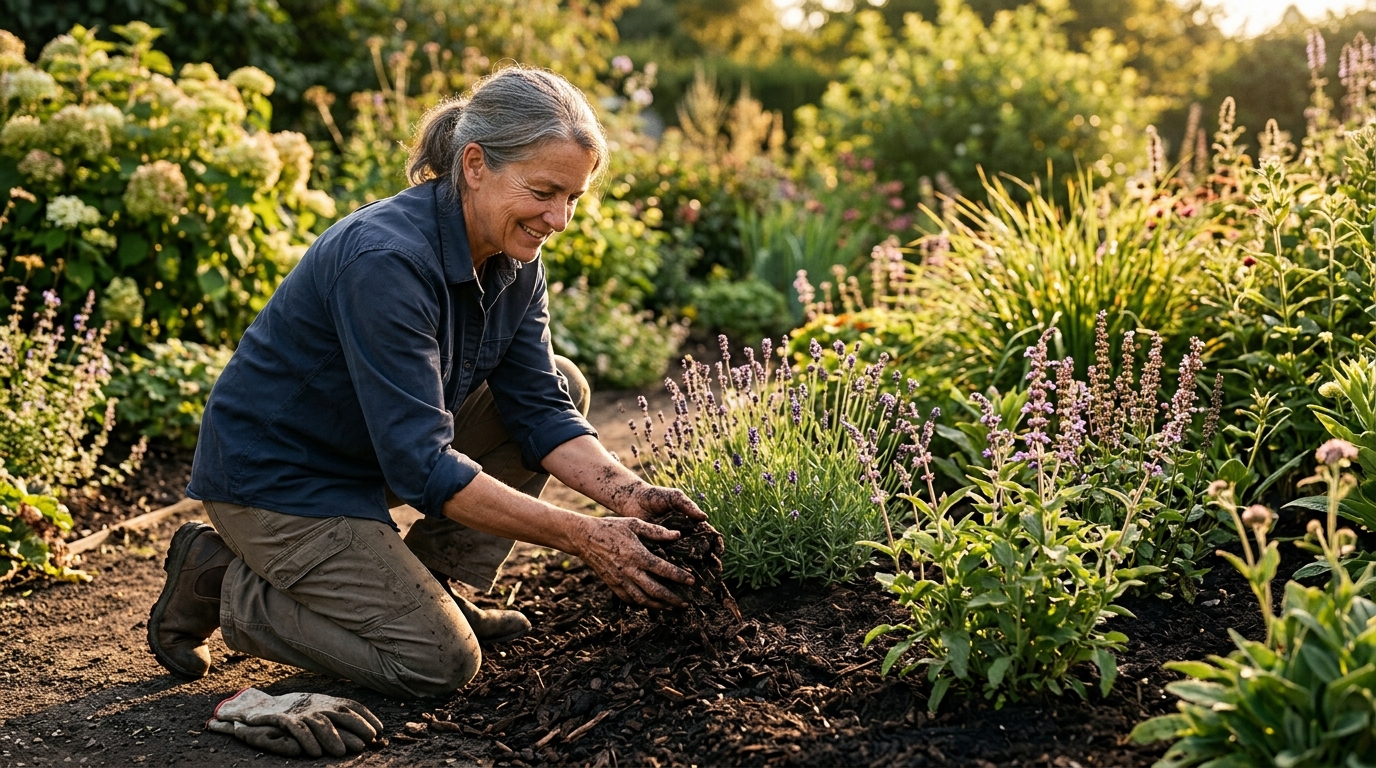Jardinier étalant du paillage autour des plantes