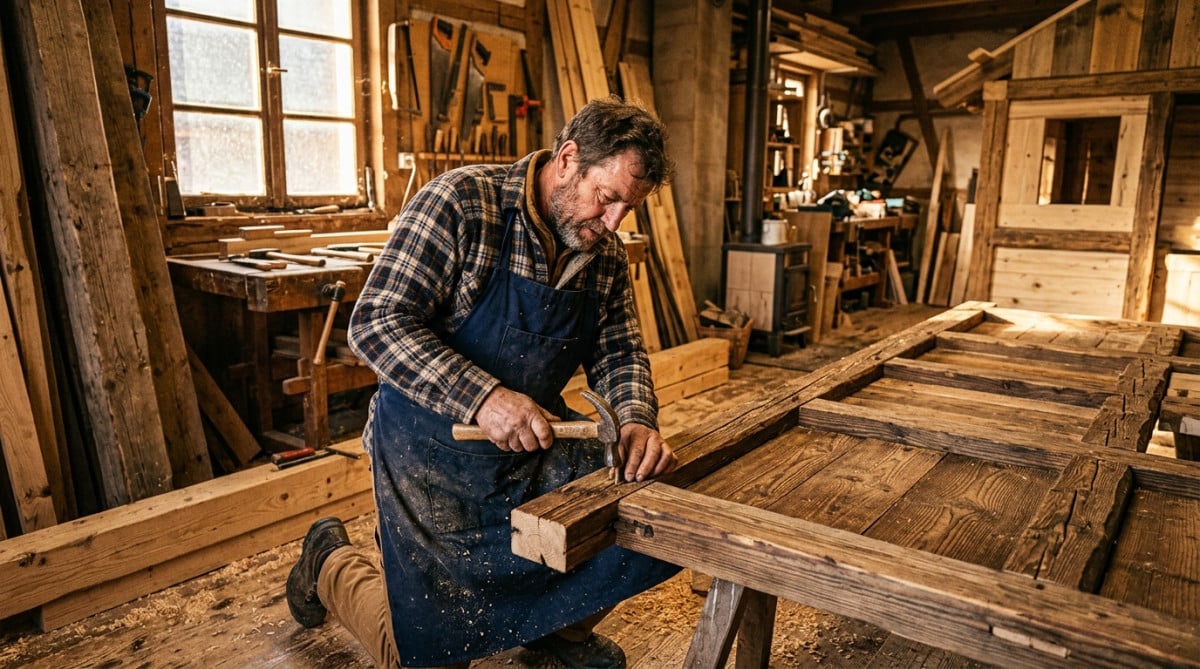 Artisan assemblant un chalet en bois traditionnel alsacien