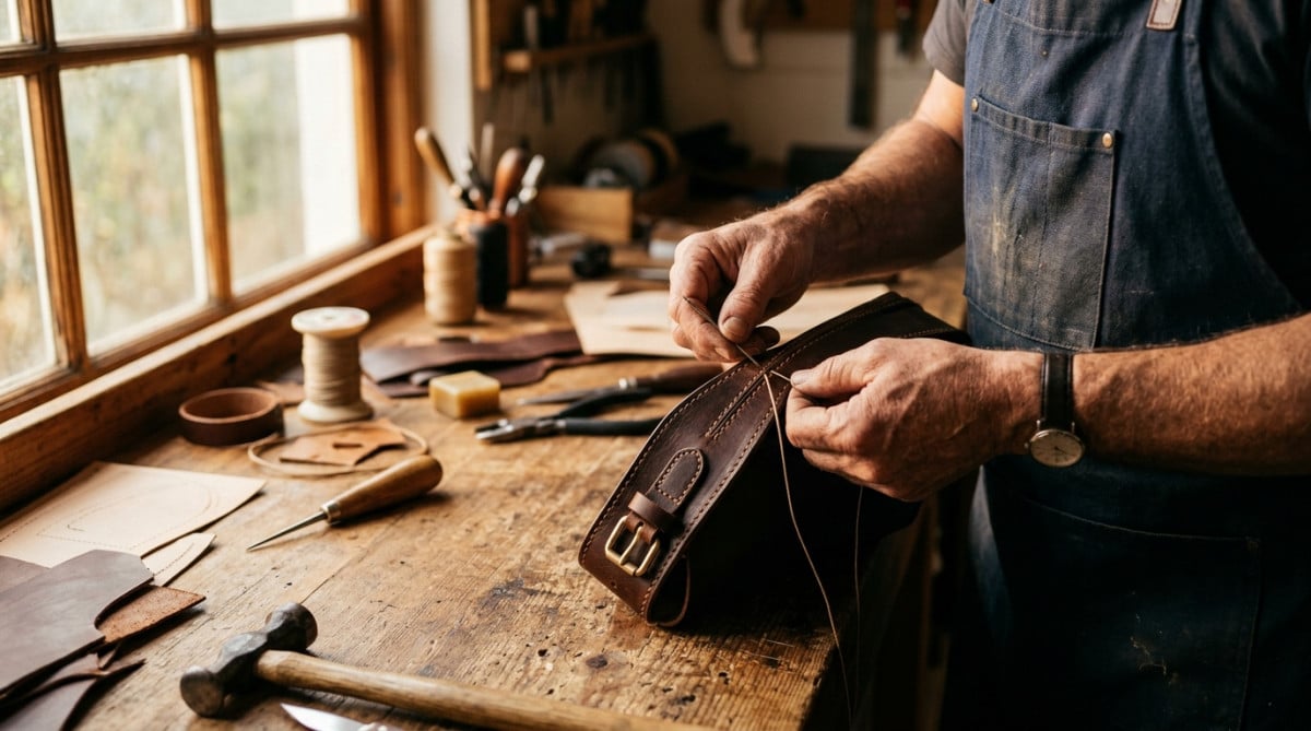 Artisan cousant un sac en cuir dans un atelier