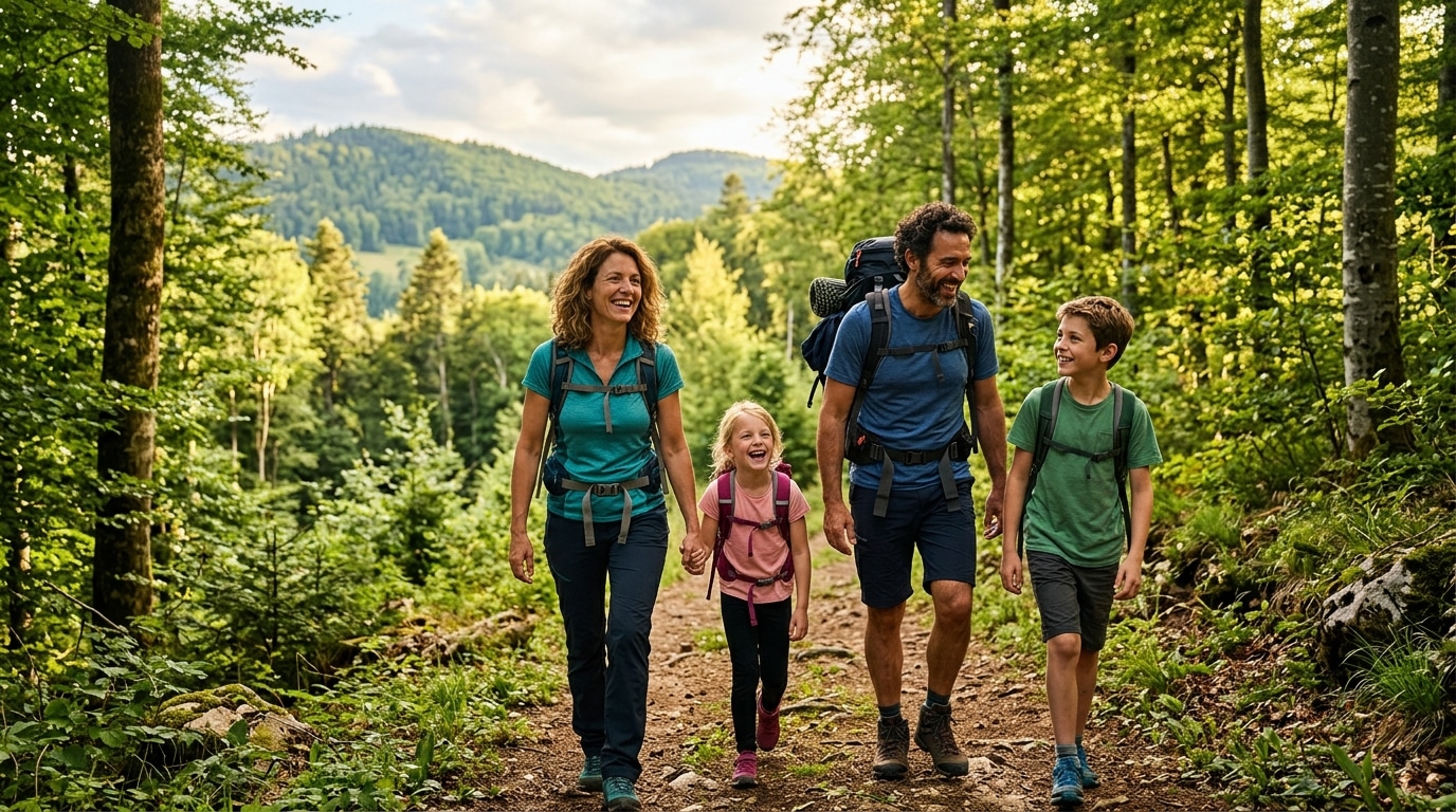 Famille en randonnée facile en moyenne montagne l'été