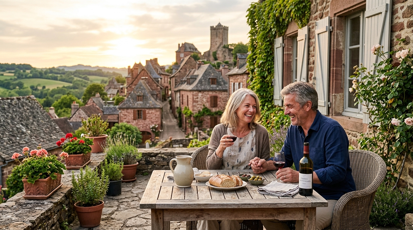 Couple devant un gîte en pierre en Corrèze