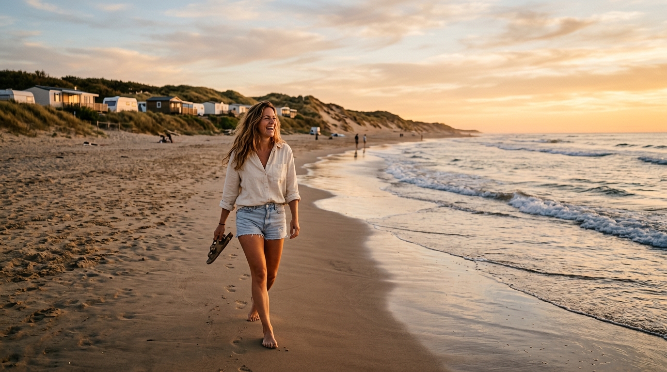 Femme marchant sur une plage discrète du littoral français