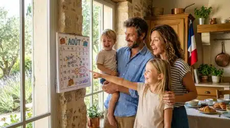 Famille vérifiant le calendrier du 15 août 2026