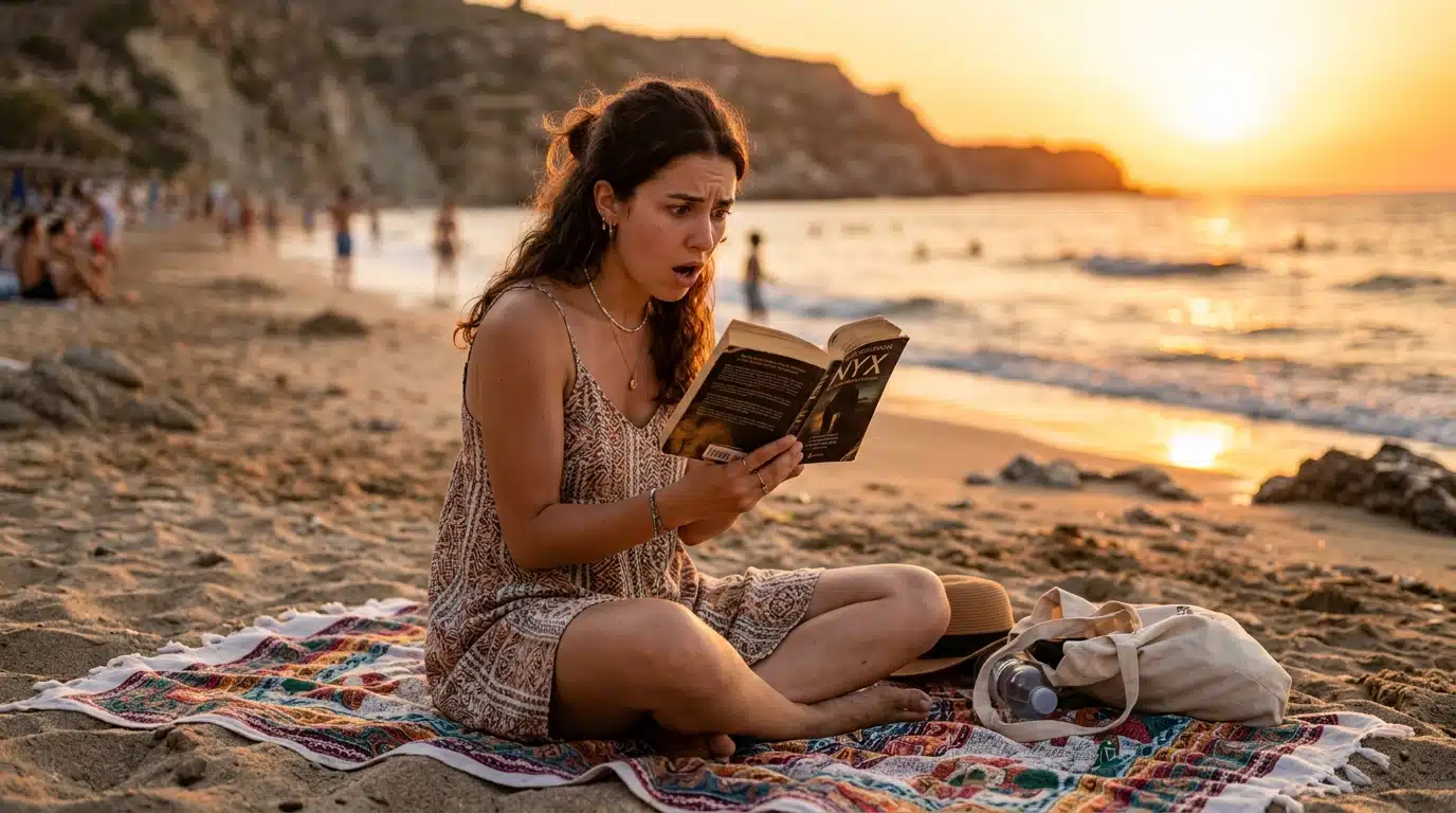 Femme lisant un thriller sur la plage au coucher du soleil