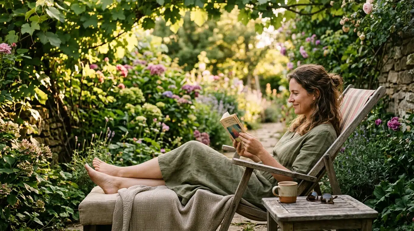 Femme lisant un roman dans un jardin en été