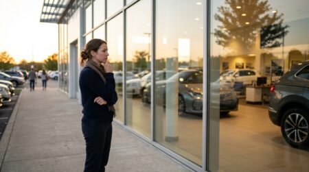 Personne pensive devant une vitrine de concession automobile
