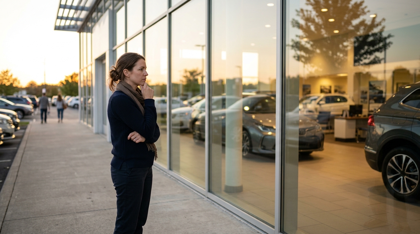 Personne pensive devant une vitrine de concession automobile