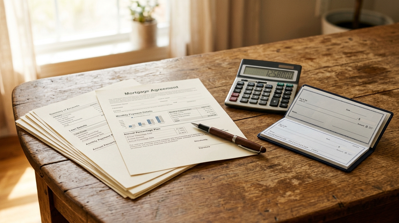 Documents financiers et calculatrice sur une table en bois
