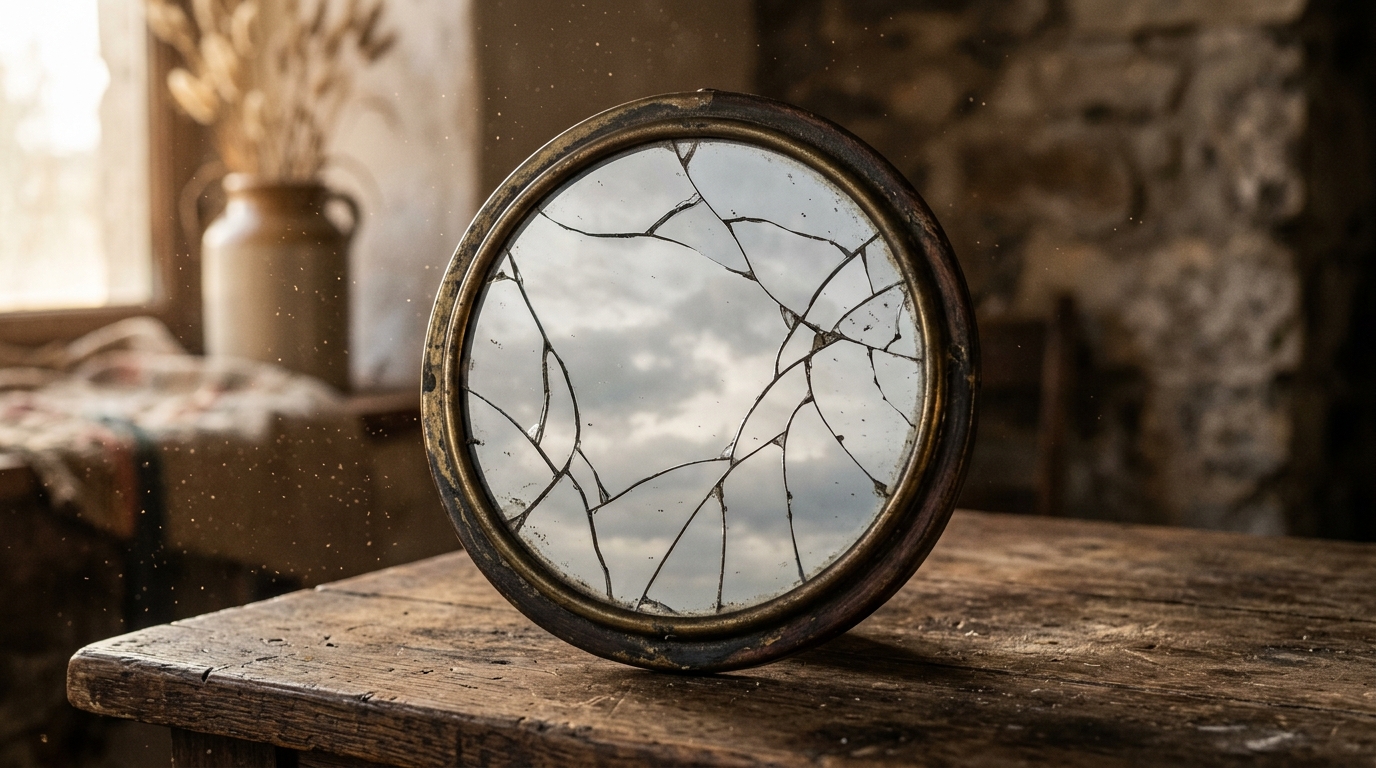 Miroir ancien fêlé reflétant un ciel nuageux