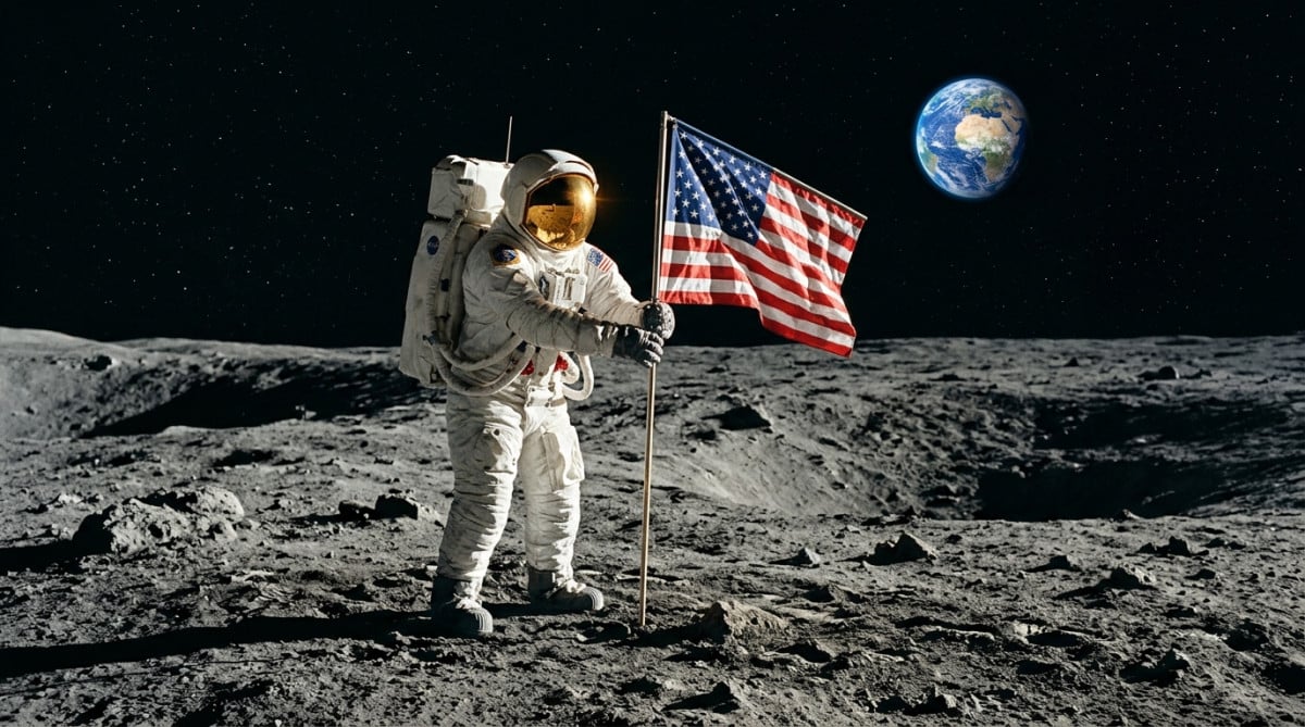 Astronaute posant le pied sur la surface lunaire en 1969