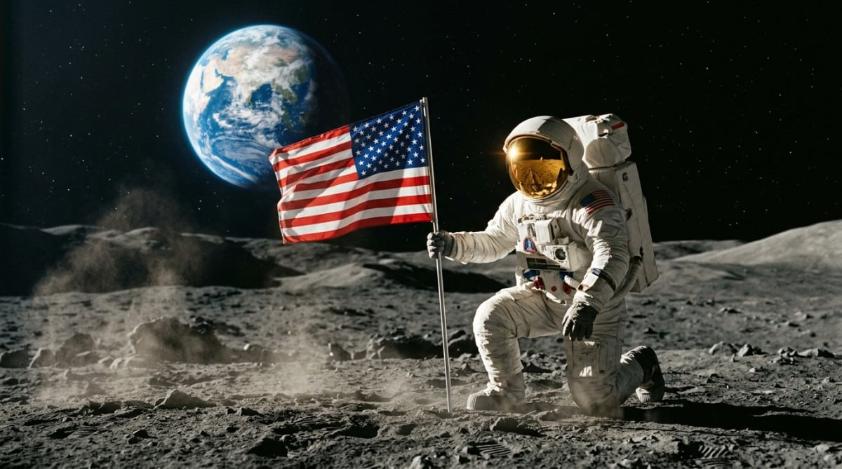 Astronaute sur la Lune plantant le drapeau américain